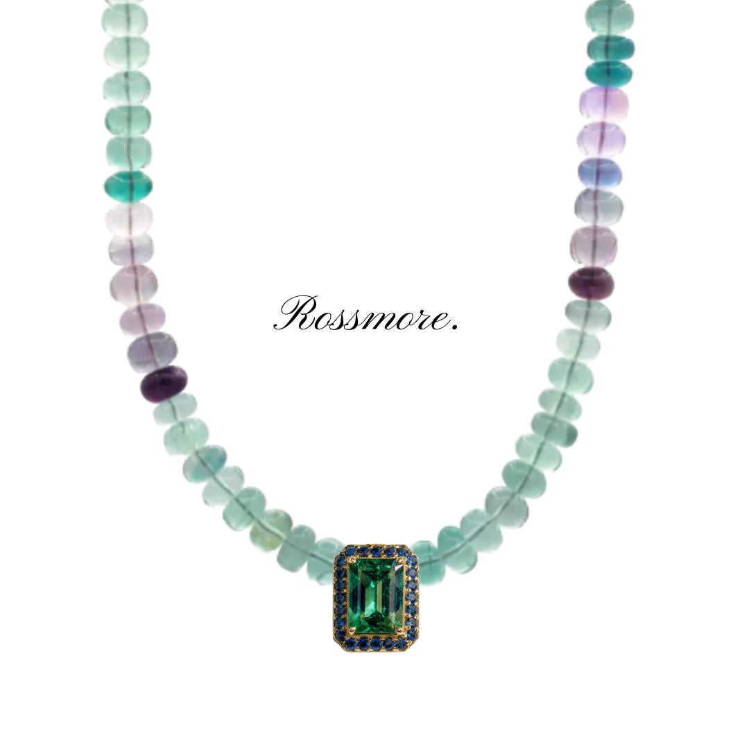 Shoku Fine Fluorite Necklace with Emerald and Blue Sapphire