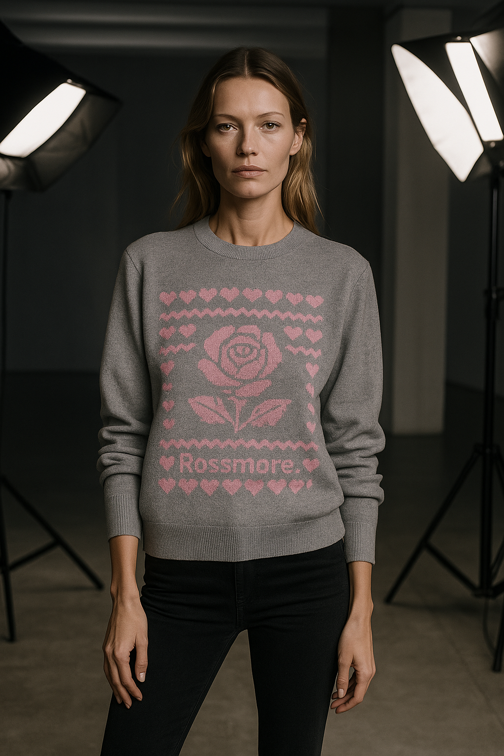 beautiful model wearing new ROSSMORE jacquard rose sweaer