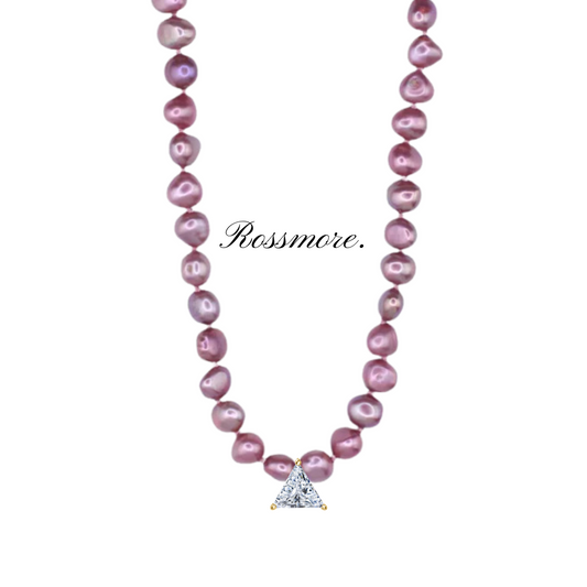 Shoku Fine Pink Fresh Water Pearl Necklace with Diamond Trillion