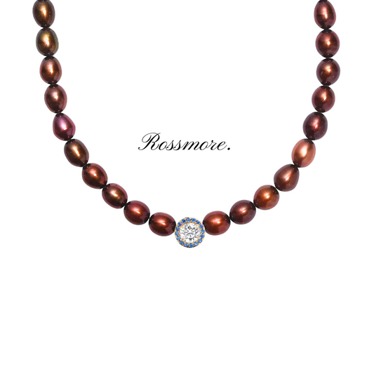 Shoku Burgundy Fresh Water Pearl Necklace with White Sapphire and Blue Sapphire