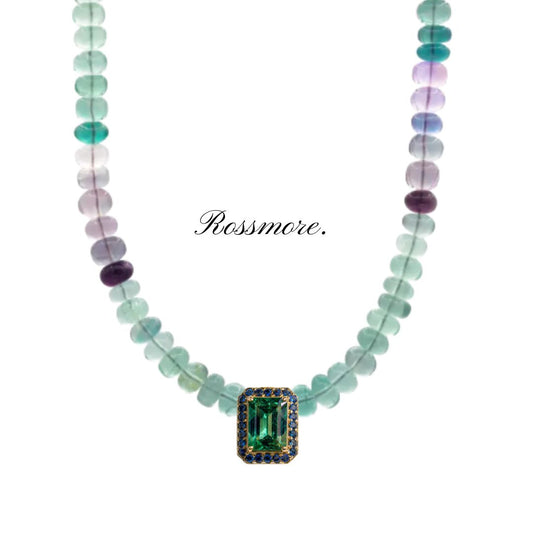 Shoku Fluorite Necklace with Emerald and Blue Sapphire