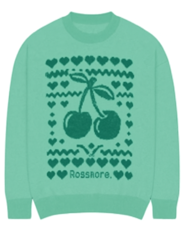 Two sweaters, one green with cherries and hearts, the other blue with a rose and hearts, on a white background.